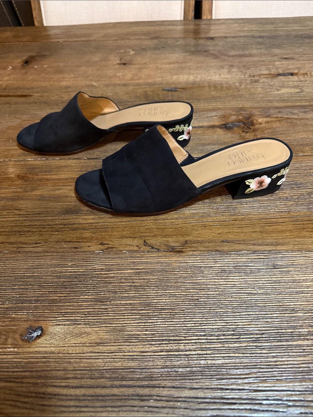 Franco Sarto Black Suede look Open-Toe Mules with Floral Embroidered Block Heel